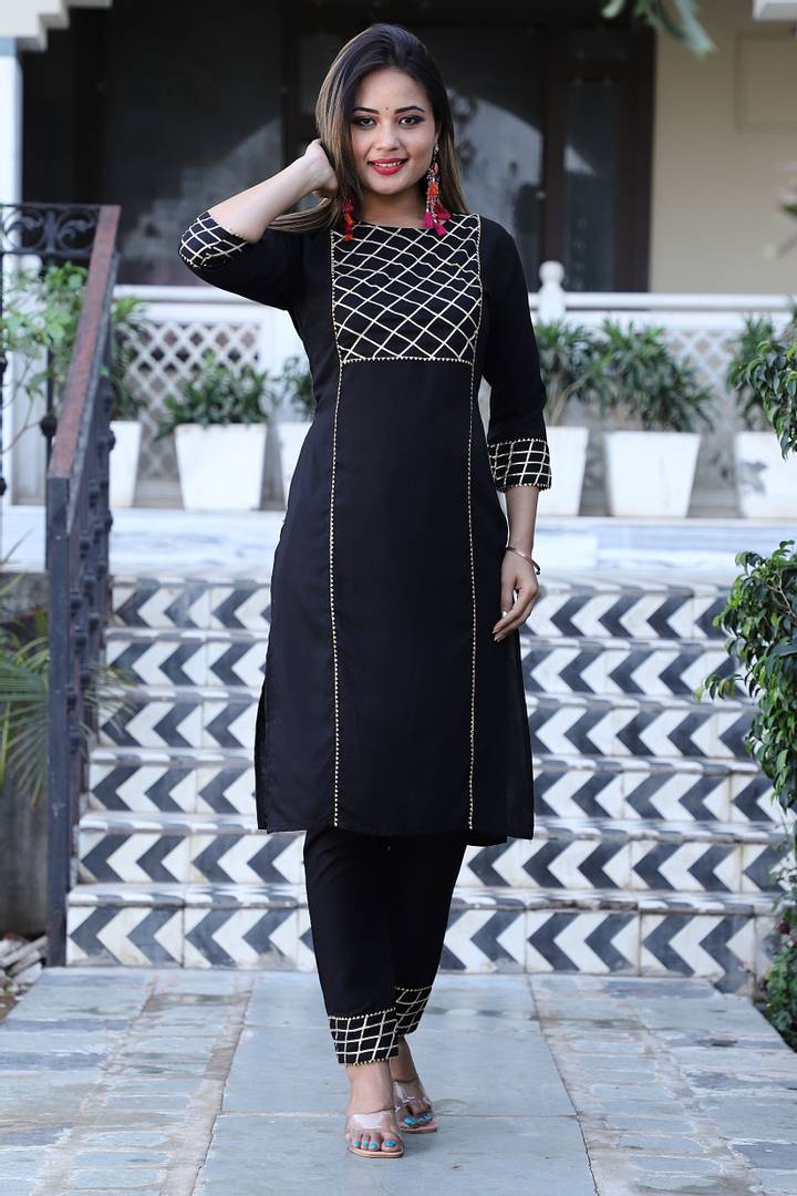Reliable Black Rayon Gota Work Straight Kurta with Pant And Dupatta For Women